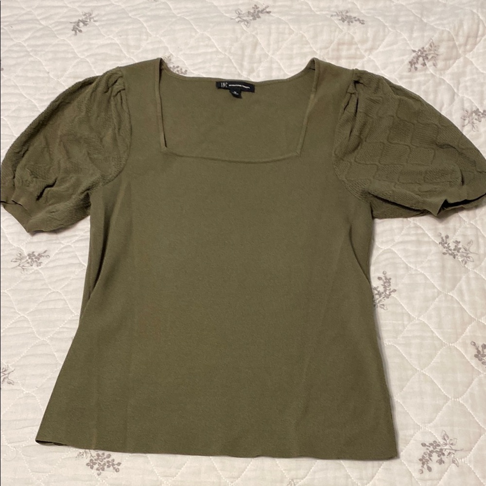 INC International Concepts Olive Puff Sleeve Blouse